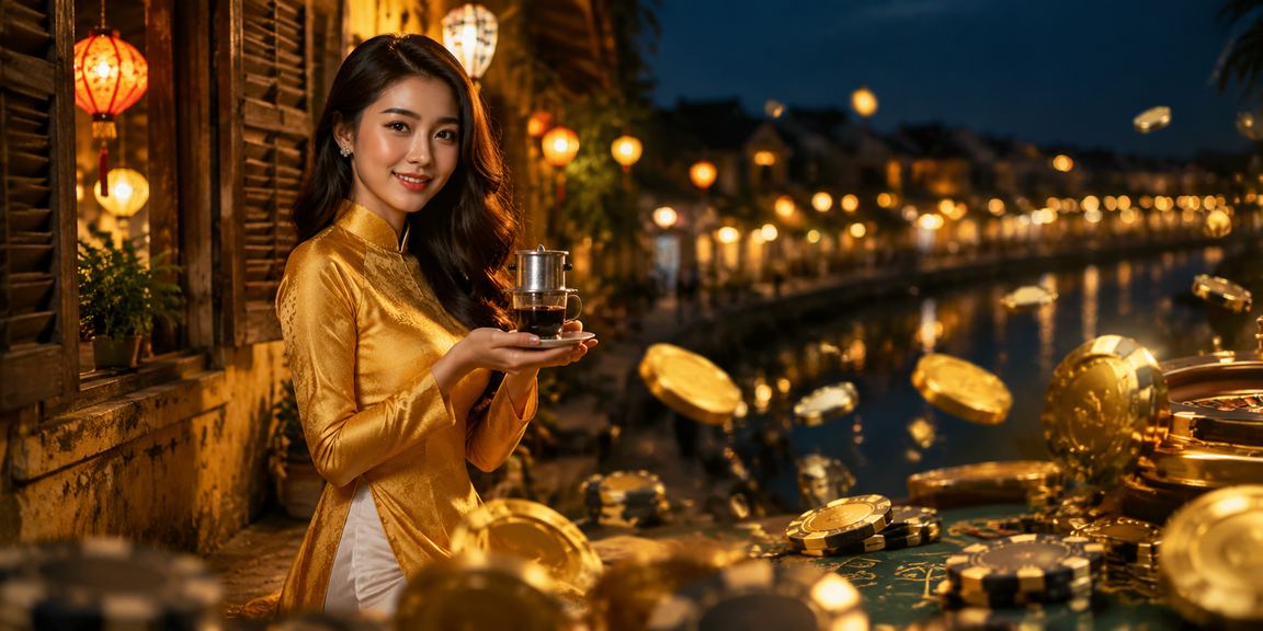 Người dùng tại Hội An mặc áo dài tham gia cá cược casino trực tuyến trong khung cảnh đêm phố cổ